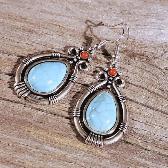 Fancy Teardrop Turquoise Blue Red Stone Silver Dangle Earrings - Picture 2 of 6